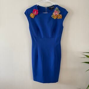 Sachin & Babi Noir Womens 2 Floral Dress Blue Applique Sheath Cocktail Flawed